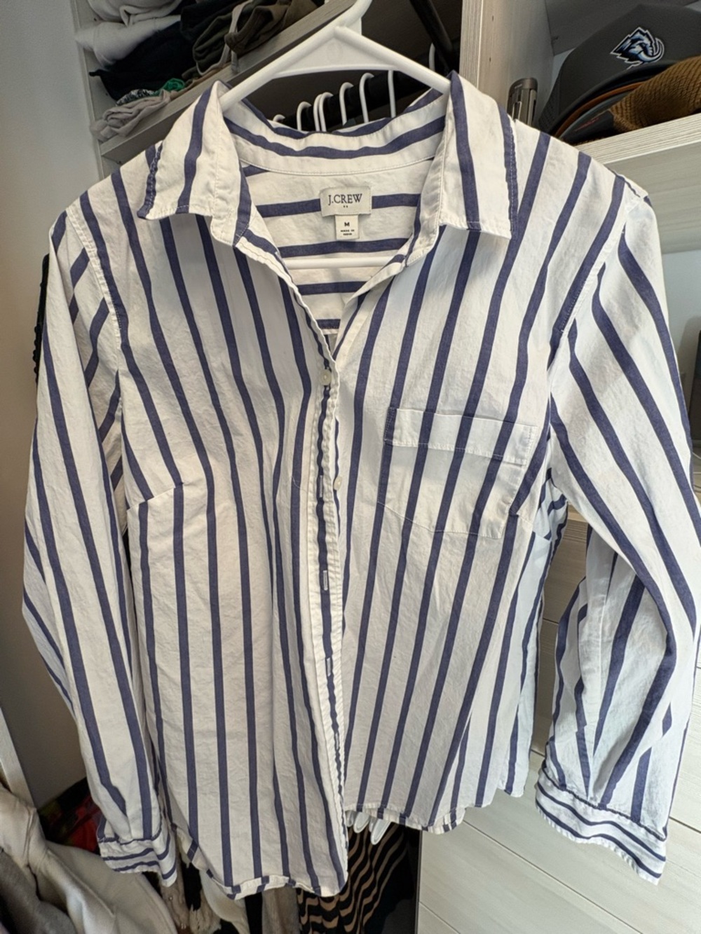 J. Crew White Button-Down with Navy Stripes